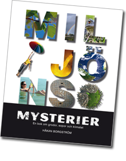 Omslaget till Miljöns Mysterier med bokstäverna ifyllda med foton ur boken, som exempelvis brunnslock i gatan eller björklöv.