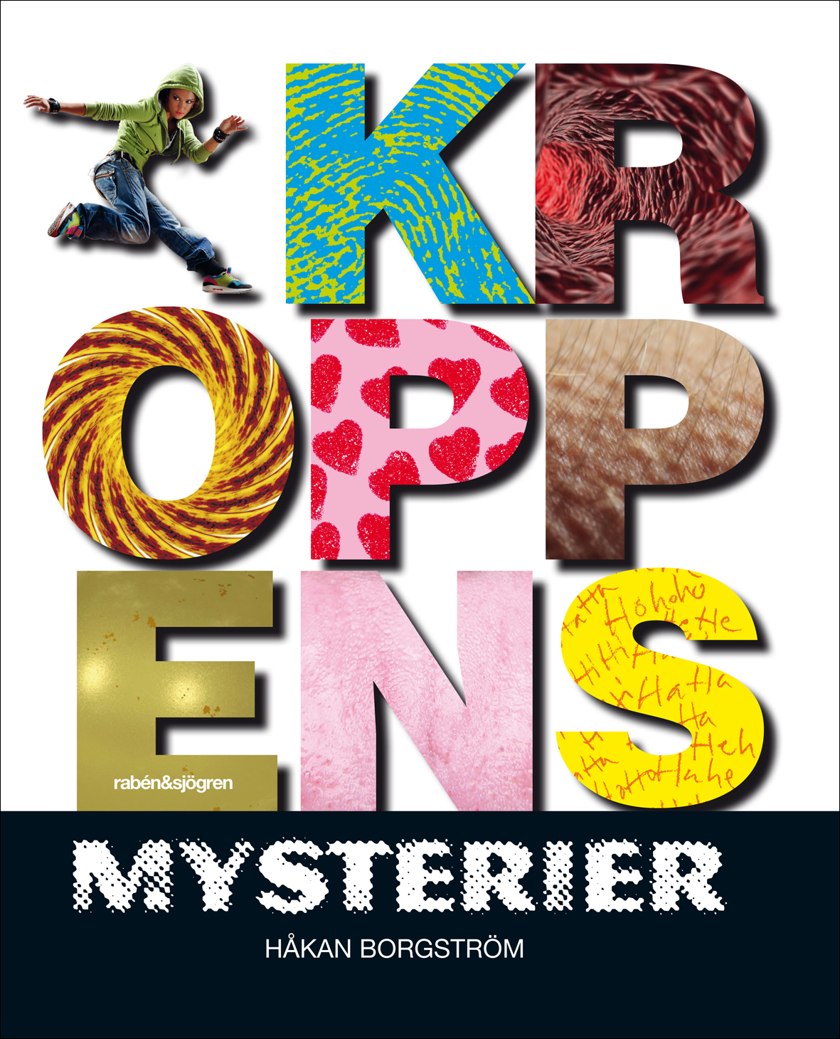 Omslaget till boken Kroppens Mysterier där titelns bokstäver är fyllda med bilder, som fingeravtryck, hårstrån på arm och godishjärtan.