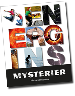Omslaget till boken Energins Mysterier med bokstäver som är ifyllda med bilder från bokens innehåll, som en sol och blixtar.