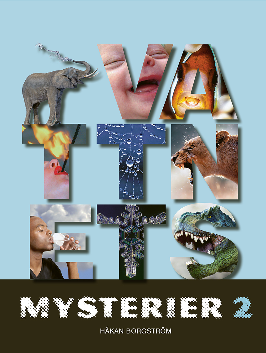 Omslaget till boken Vattnets Mysterier där titelns bokstäver är fyllda med bilder, som bebis, lejon och eldslukare.